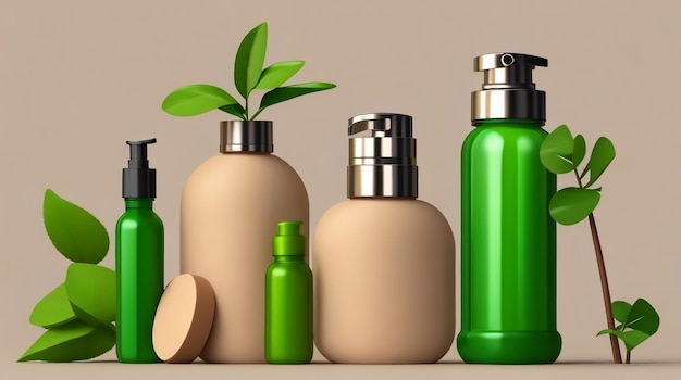 Minimal background for branding and product presentation Cosmetic bottle on podium with green plant