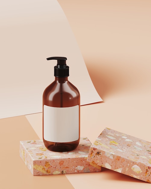 Minimal background for branding and product presentation. Cosmetic bottle on  terrazzo podium, on nude color paper roll background. 3d rendering illustration.