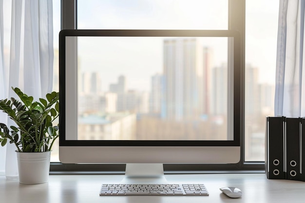 Minimal background image of home office workplace with laptop in white airy interior