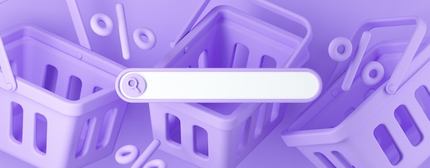 オンラインショッピングのための最小の背景 紫の背景のウェブ検索バーとショッピングバスケット 3d