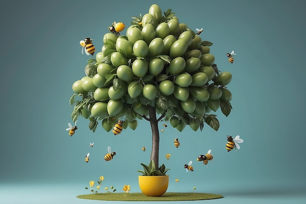 Minimal balloon 3D image of bees pollinating avocado tree