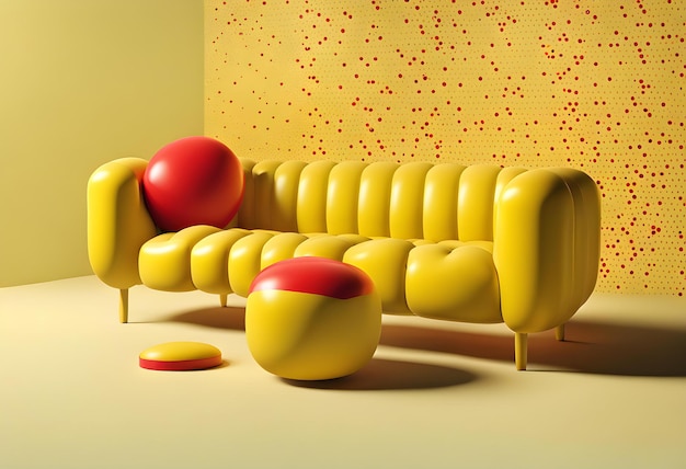 Foto immagine 3d di un divano giallo in palloncino minimo