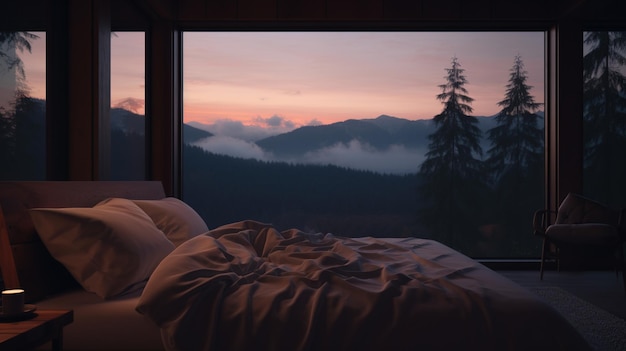写真 美しい景色のミニマルなベッドルームインテリア 豪華なガラスを備えた居心地の良いビラのベッドルーム インテリア