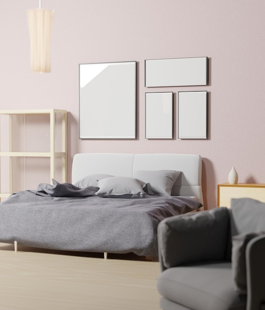 Minimal bedroom design 3d rendering,gallery wall frame mockup\
in white room with trendy and modern furniture and lots of green\
plants, one big poster frame 3 small in an interior in scandinavian\
style