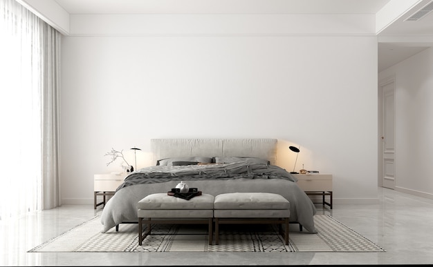 Minimal bedroom and empty white wall texture background interior design