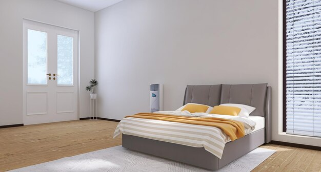 Minimal Bedroom Interior Design Scene with Bed Air Conditioner Windows Door Curtains Side Table