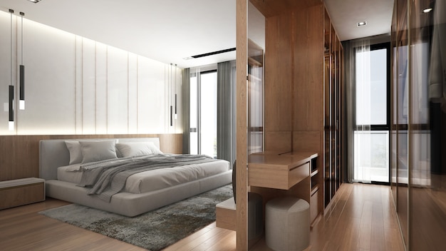 Минимальный макет интерьера спальни, серая кровать на фоне пустой стены и гардеробная, скандинавский стиль, 3d визуализация