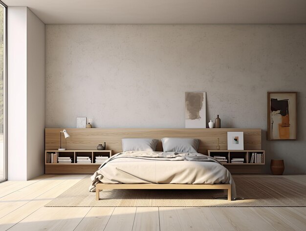 최소한의 침실 인테리어와 집 장식 모 아한 해안 스타일리시 가구 편안한 침대 현대적인 디자인 배경 생성 AI