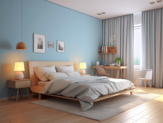 Minimal bedroom interior with Home decoration mock up Cozy coastal stylish furniture comfortable bed Modern design background Generative AI