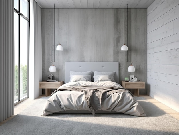 Минимальный интерьер спальни с макетом декорации дома Генеративный ИИ