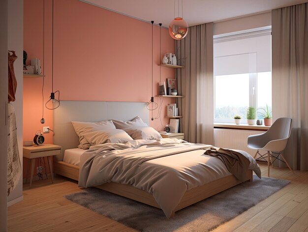 Минимальный интерьер спальни с декорацией дома Мок-ап Современный дизайн фона Генеративный ИИ