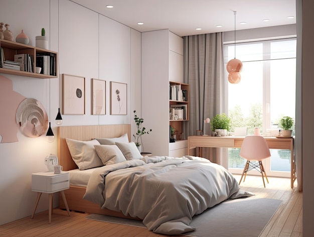 최소한의 침실 인테리어와 집 장식 모형 현대 디자인 배경 생성 AI