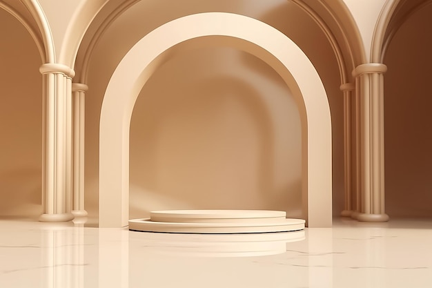 Минимальный бежевый фон арки с роскошным мраморным подиумом Generative ai