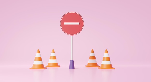 Minimal beware danger red circle pole label warning symbol with stop and cone on pink background traffic alert safety concept precaution prohibit 3d render illustration