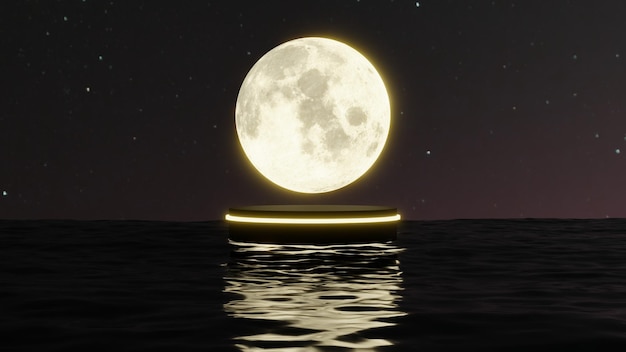아름다운 달빛, 빈 연단 모형, 스탠드 디스플레이 제품이 있는 물 위의 최소한의 검은색 받침대