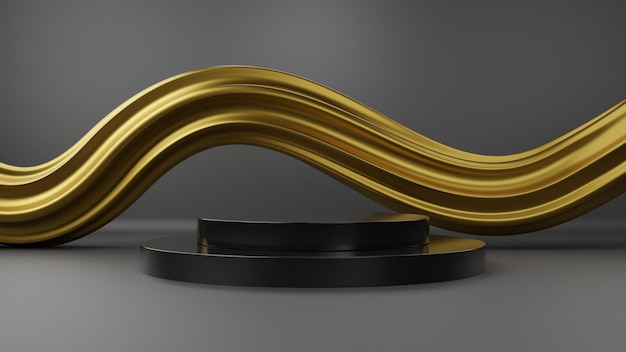 Minimal black podium with golden contemporary abstract structure for product presentation