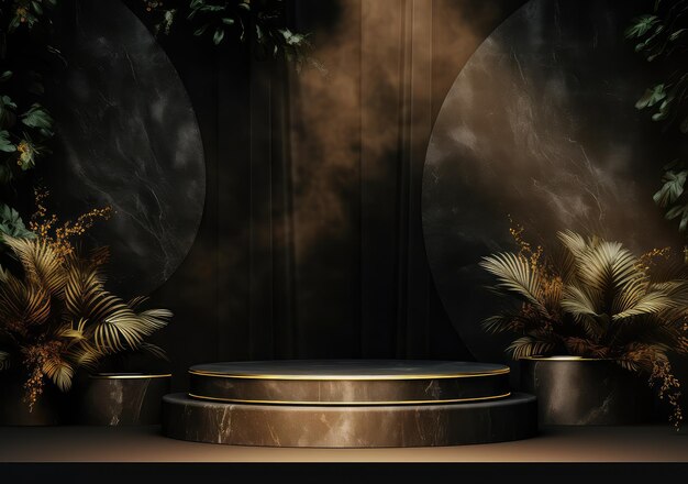 Minimal black scene with geometric shapes and palm leaves Cylindrical gold and black podium background 3D stage for displaying a cosmetic product AI Generative