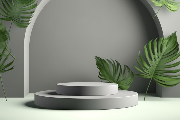 Minimal Blank Black Cylinder circle podium with palm leaves in white marble background