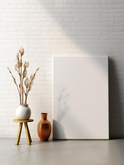 Photo minimal blank white canvas on the brick wall with a flower tob surfaces for mockup