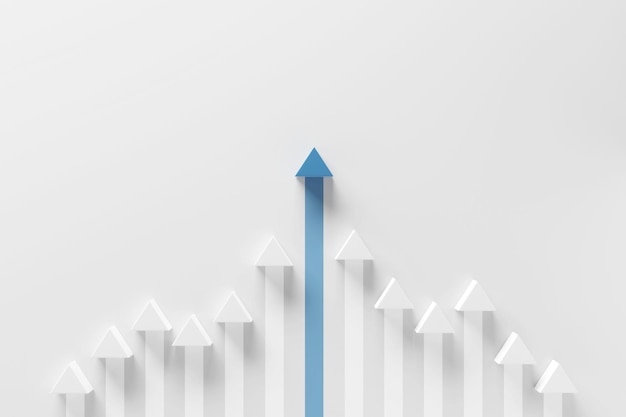 Minimal blue arrow up to growth success on white background