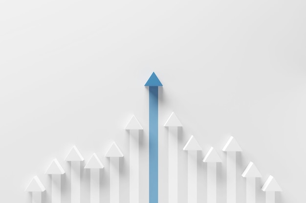 白い背景の上の成長の成功までの最小限の青い矢印