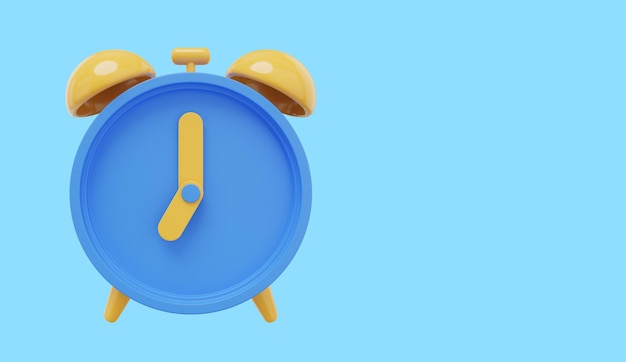 Minimal blue cartoon alarm clock 3D rendering Icon on blue background space for text