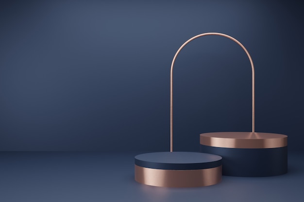 Minimal blue gold podium collection on abstract background 3d render