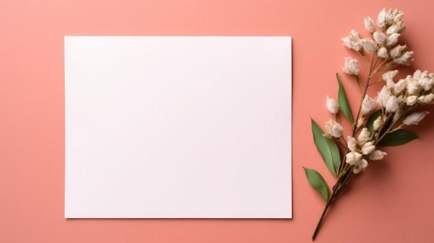 Minimal brand template with blank mockup on pastel coral background Flat lay top view