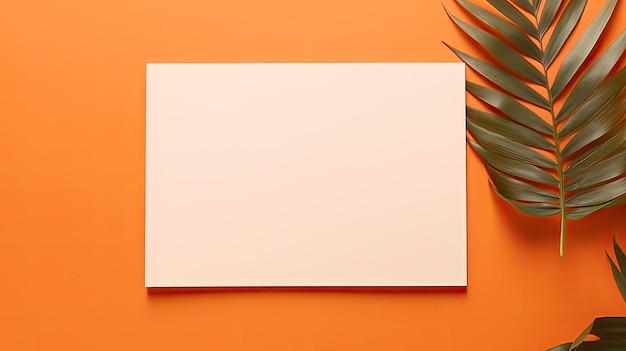 Minimal brand template with dried palm leaf on orange background featuring blank paper cards for mockup flat lay top view