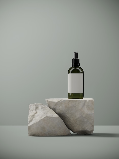 Foto minimo per la presentazione di branding e packaging. bottiglia cosmetica su pietra a forma di sabbia a caso, verde salvia. illustrazione di rendering 3d.