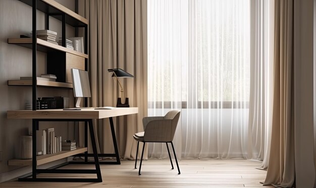 Minimal built in beige working desk with computer shelf black steel chair blank cream wall generative AI