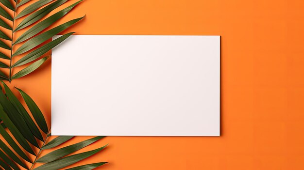 Photo minimal business brand template with blank paper sheet and dry palm leaf on orange background flat lay top view mockup image