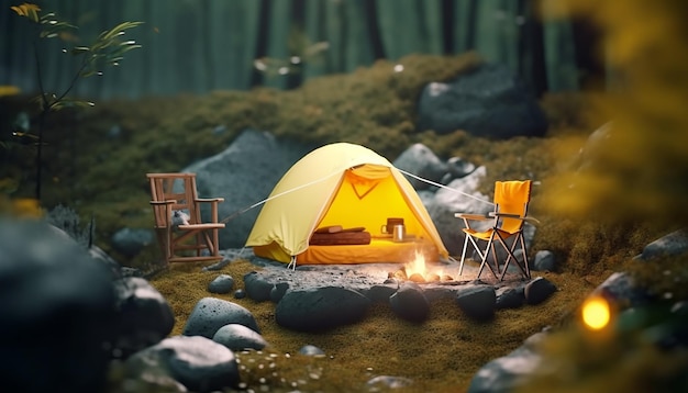 Minimal camping in nature Realistic Miniature concept 8K ultra high quality render