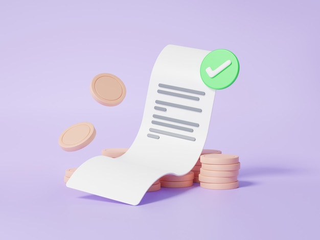 Photo minimal cartoon agree bill online payments and stack coins floating on purple background pay money shopping cashback refund exchange transfer concept 3d rendering illustration