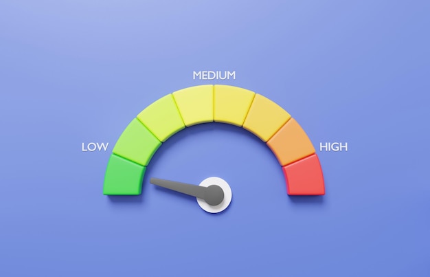 Photo minimal cartoon arrow point scale speed low status green speedometer icon performance pointer rating risk levels meter tachometer on purple background 3d render illustration