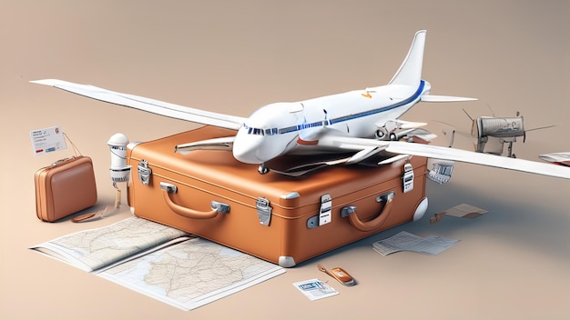 Minimal cartoon flight airplane travel tourism plane trip planning world tour luggage with pin location suitcase and map leisure touring holiday summer concept banner 3d render illustration