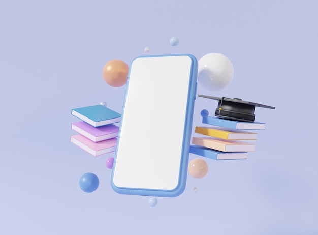 Photo minimal cartoon graduation cap and book search bar a smartphone with touch white screen  learning online education concept. pastel background for banner website application page template. 3d rendering