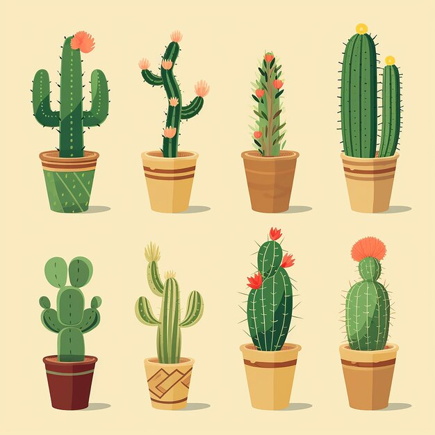 Photo minimal cartoon illustration of different cactuses