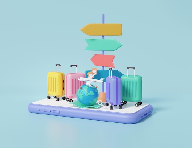 Minimal cartoon isometric suitcase travel online booking service on smartphone Tourism plane trip planning world tour with location leisure touring holiday summer concept 3d render illustration