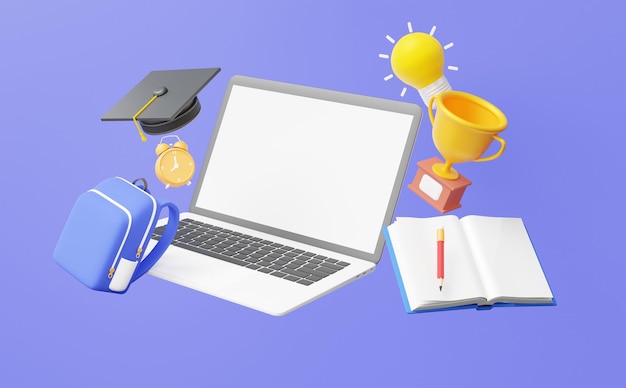 Photo minimal cartoon laptop mockup empty white screen idea ligth bulb schoolbag trophy cup floating graduation cap and book learning online education concept on pastel background 3d render iillustration