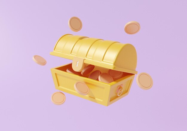 Minimal cartoon open treasure chest with coins floating on purple background protection treasure box coffer concept 3d render illustration