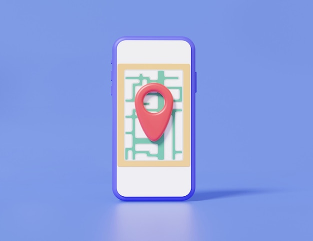 보라색 배경 3d 렌더링 그림에서 휴대 전화 여행 탐색 개념 종이 지도 웹 사이트에서 최소한의 만화 핀 포인터 및 지도 위치 검색 GPS