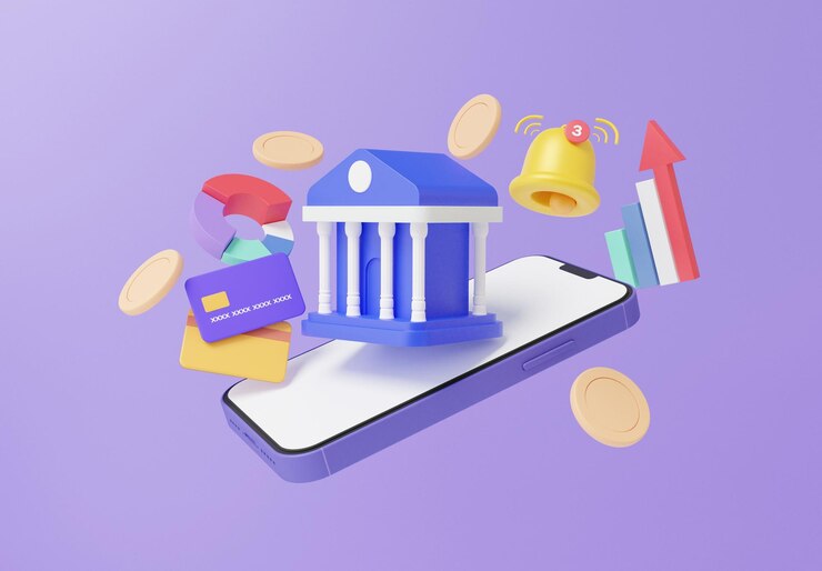 Photo minimal cartoon statistics grow pay money via app mobile internet banking online payments bill card and coins floating on purple background exchange transfer concept 3d render illustration