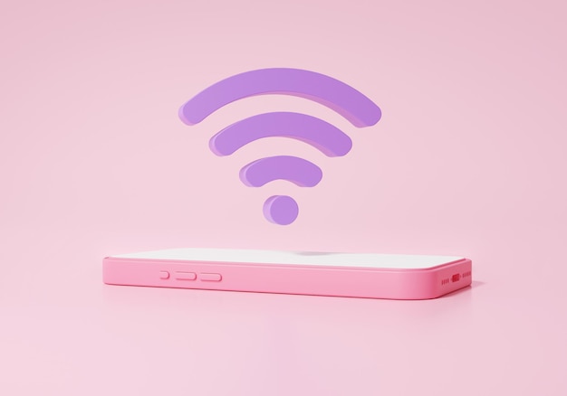 Minimal cartoon style Wifi icon with Smartphone hotspot signal release concept cute smooth on pink background 3d render illustration