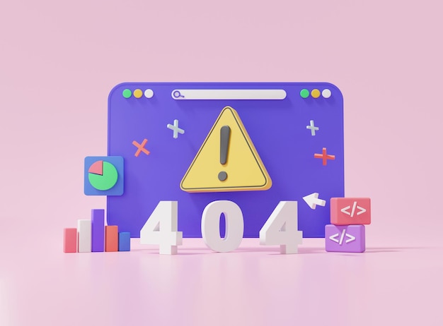 Minimal cartoon web browser 404 error page not found System maintenance updates concept yellow triangle warning alert coding program software development banner website 3d render illustration