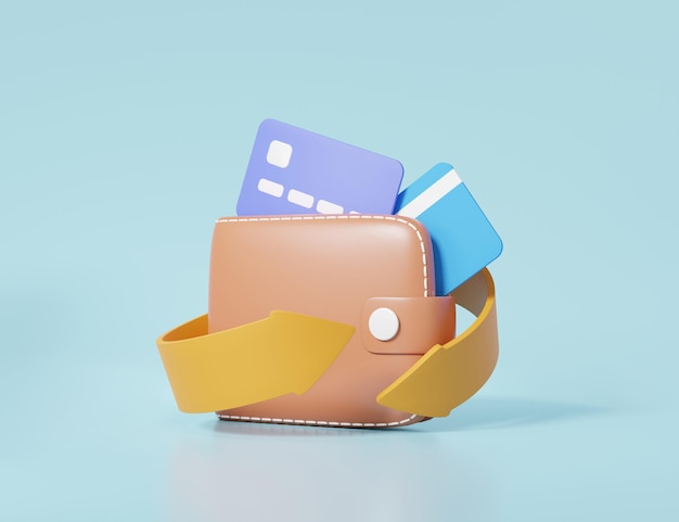 Minimal cashback in wallet icon concept arrow promotion moyney refund debit credit card financial shopping online payments exchange on isolated sky blue pastel background 3d render illustration