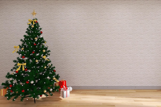 Minimal Christmas Decoration in Living Room with Christmas Tree against White Wall Bricks Texture