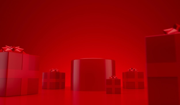 연단과 선물 상자 3D 렌더링이 있는 최소한의 크리스마스 축제 제품 디스플레이 스테이지