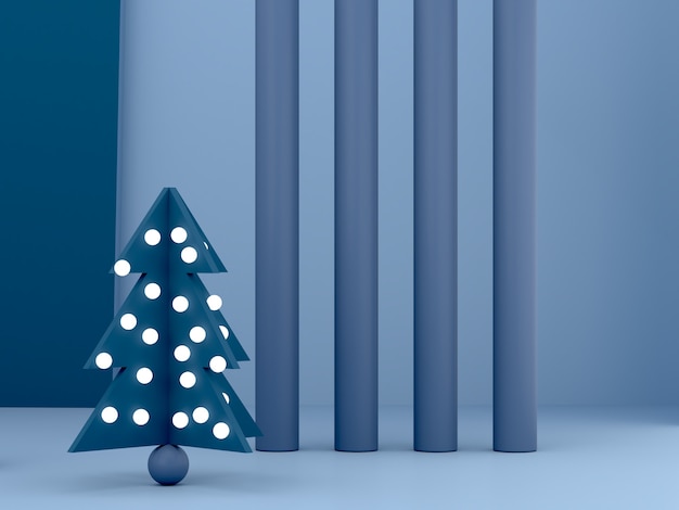 Минимальная рождественская сцена с подиумом и деревом на синем абстрактном фоне