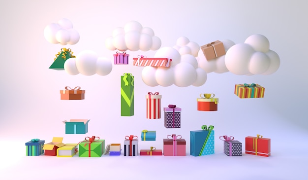 Minimal cloud Floating above Multiple gift boxes. minimal idea  . 3D render.